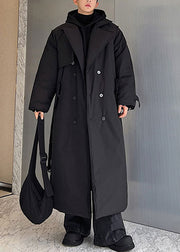 Black Pockets Tie Waist Silk Men Parkas Notched Winter