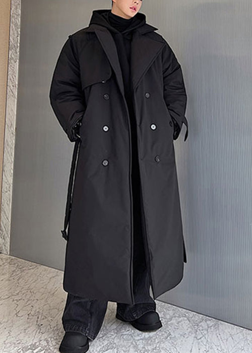 Black Pockets Tie Waist Silk Men Parkas Notched Winter