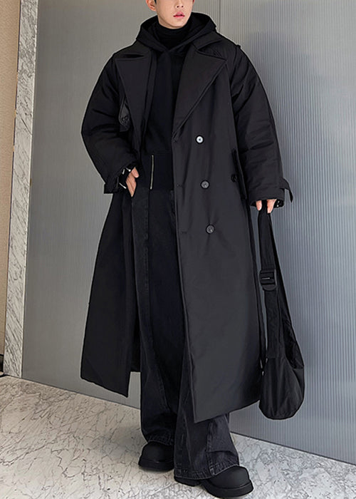 Black Pockets Tie Waist Silk Men Parkas Notched Winter