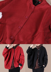 Black Pockets Warm Fleece Coats Stand Collar Batwing Sleeve