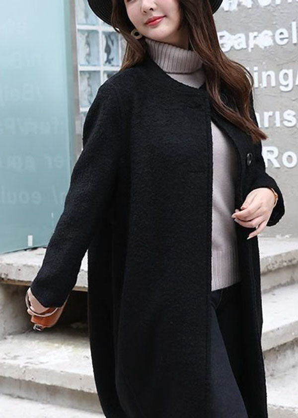 Black Pockets Woolen Coat Outwear O-Neck Button Winter