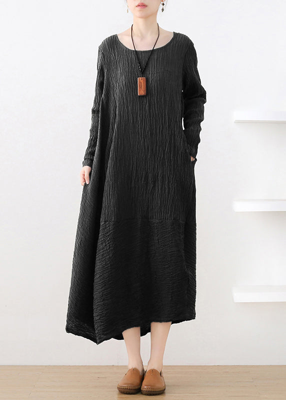 Black Pockets Wrinkled Cotton Maxi Dresses Long Sleeve