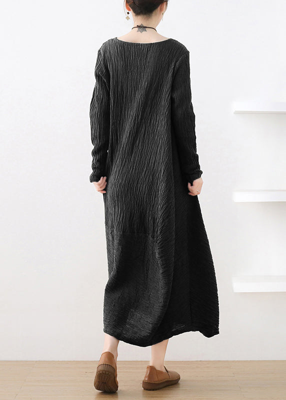 Black Pockets Wrinkled Cotton Maxi Dresses Long Sleeve