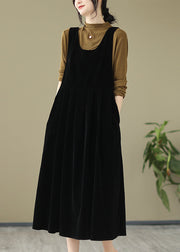 Black Pockets Wrinkled Velour Strap Dress U Neck Bow Spring