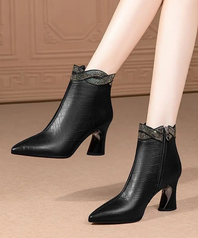 Black Pointed Toe Cowhide Leather Boots Chic Splicing Zircon