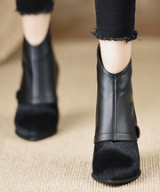 Black Pointed Toe Horsehair Short Boots Unique Splicing