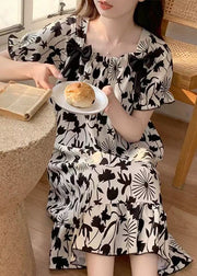 Black Print Bow Pajamas Dresses Square Collar Butterfly Sleeve