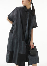 Black Print Button Cotton Long Shirt Dress Short Sleeve