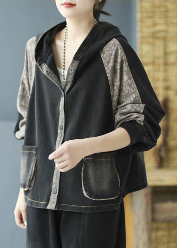 Black Print Button Hooded Denim Coat Long Sleeve