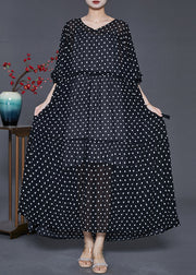 Black Print Chiffon Dresses Drawstring Exra Large Hem Summer