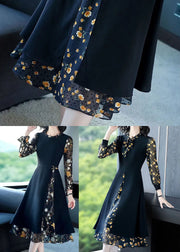 Black Print Chiffon Fake Two Piece Dress Lace Up Side Open Spring