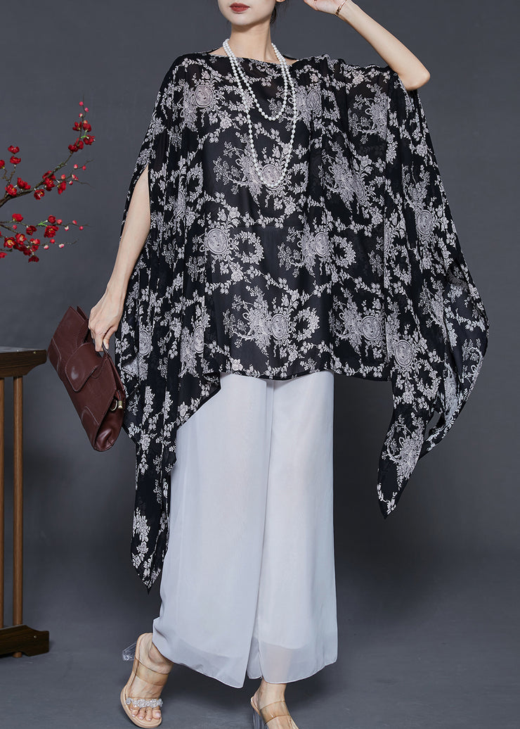 Black Print Chiffon Top Asymmetrical Design Summer