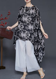 Black Print Chiffon Top Asymmetrical Design Summer