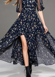 Black Print Chiffon Vacation Dresses Square Collar Side Open Summer