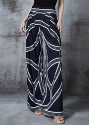 Black Print Chiffon Wide Leg Pants Elastic Waist Spring