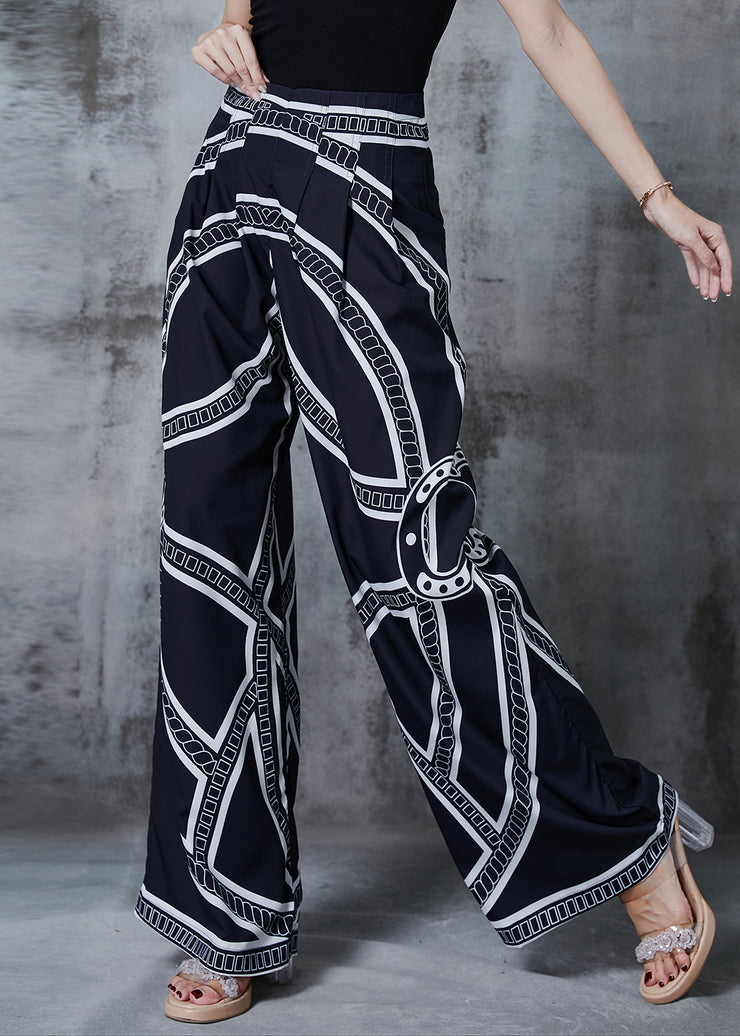 Black Print Chiffon Wide Leg Pants Elastic Waist Spring