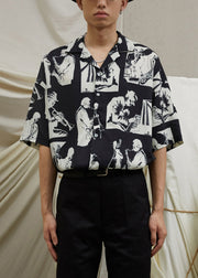 Black Print Cotton Men Shirt Peter Pan Collar Half Sleeve