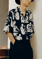 Black Print Cotton Men Shirt Peter Pan Collar Half Sleeve