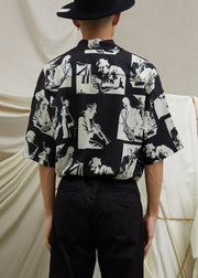 Black Print Cotton Men Shirt Peter Pan Collar Half Sleeve