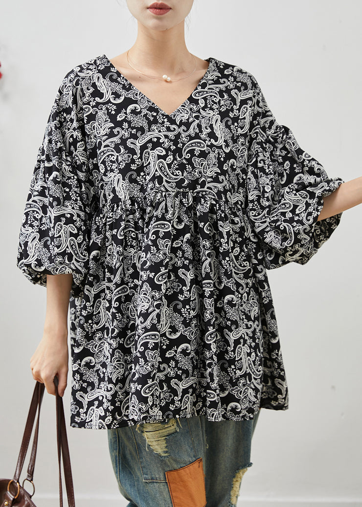 Black Print Cotton Shirts Oversized Lantern Sleeve