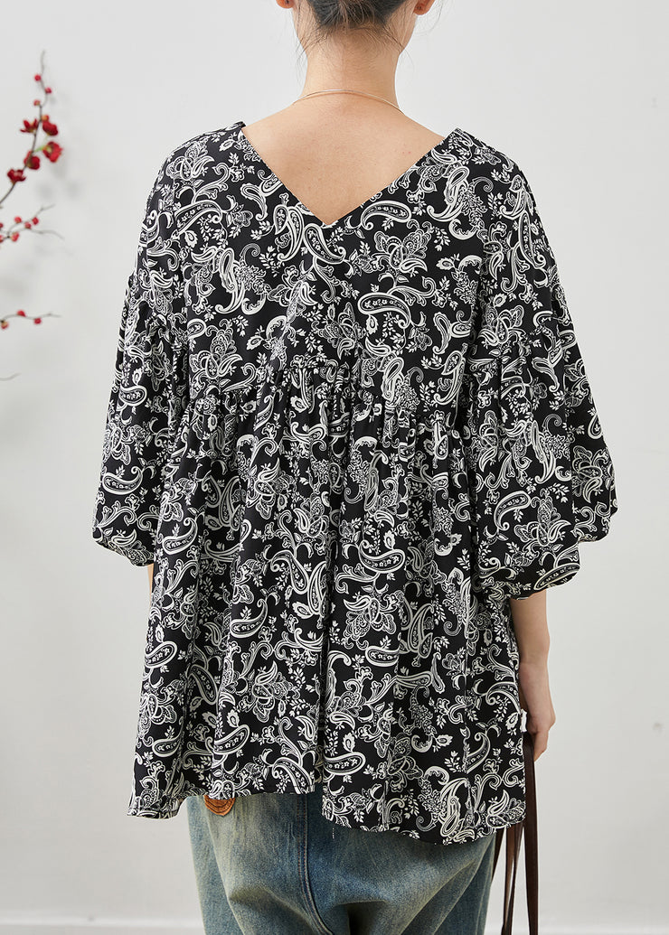 Black Print Cotton Shirts Oversized Lantern Sleeve