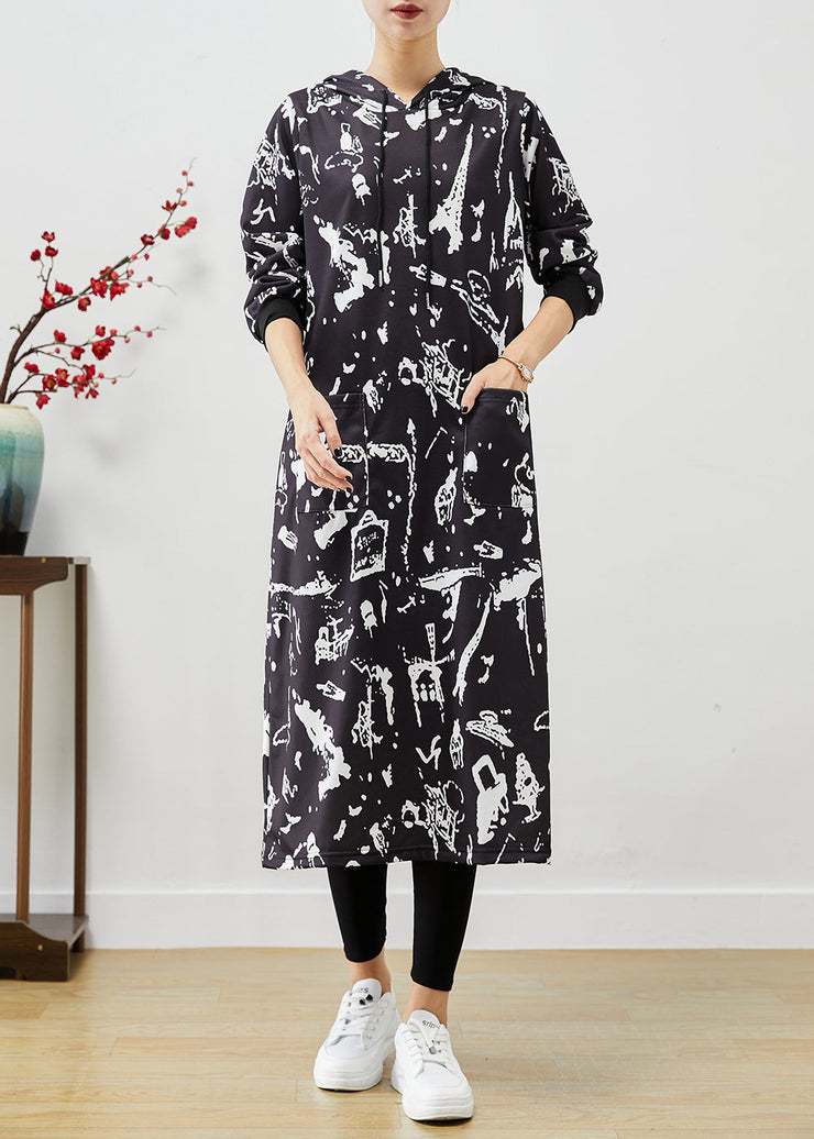 Black Print Cotton Sweatshirt Dress Hooded Pockets Fall