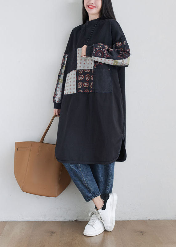 Black Print Cotton Sweatshirts Dress Oversized Side Open Spring