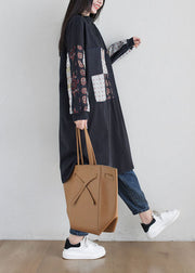 Black Print Cotton Sweatshirts Dress Oversized Side Open Spring