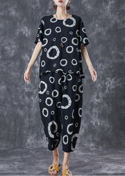 Black Print Cotton Tops And Pants Two Pieces Set Oversized Summer