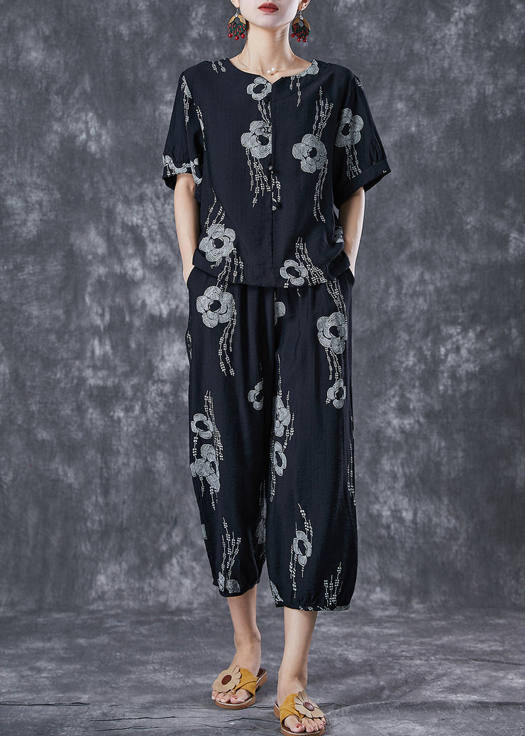 Black Print Cotton Two Pieces Set Oversized Short Sleeve