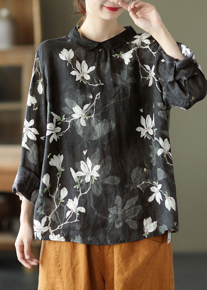 Black Print Cozy Ramie Top Long Sleeve