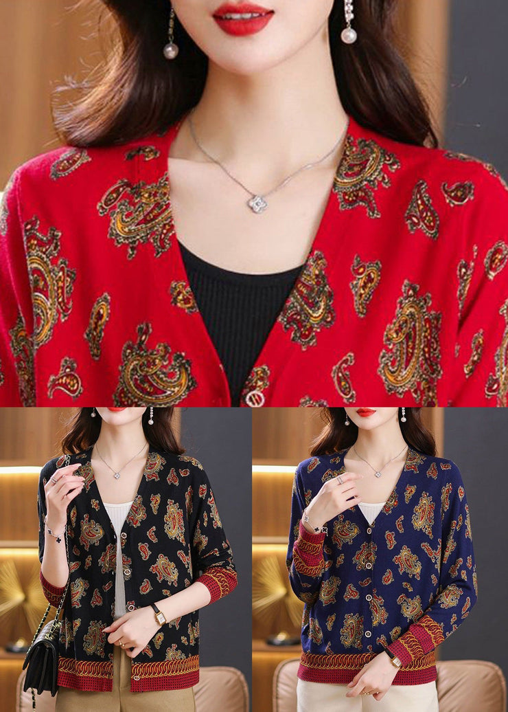 Black Print Cozy Wool Knit Cardigan V Neck Long Sleeve