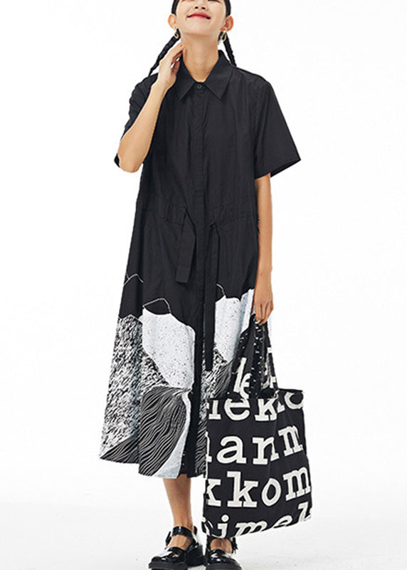 Black Print Drawstring Tie Waist Cotton Long Shirt Dress Short Sleeve