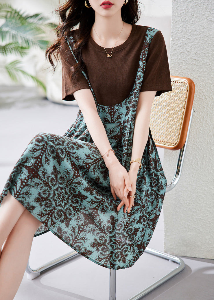 Black Print Fake Two Pieces Maxi Dress Short Sleeve