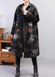 Black Print Fine Cotton Filled Coat Hooded Thick Winter