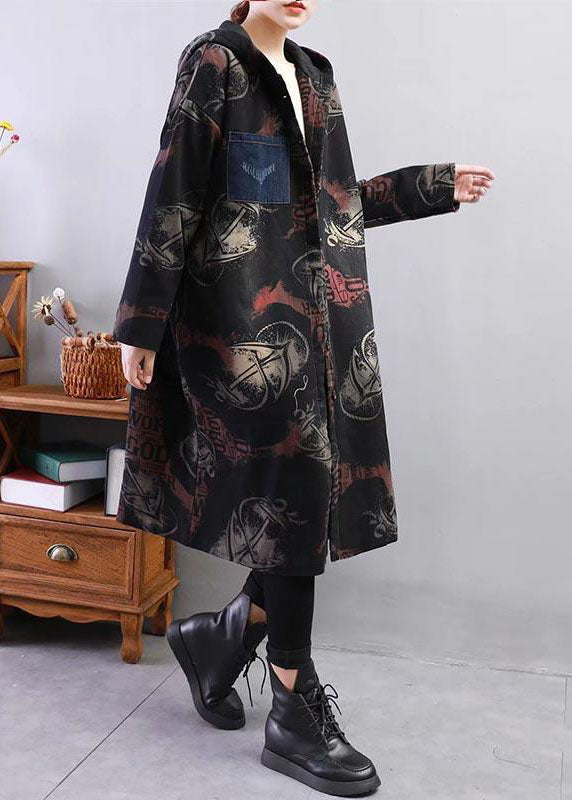 Black Print Fine Cotton Filled Coat Hooded Thick Winter