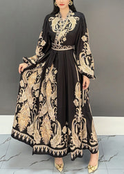 Black Print High Waist Fall Maxi Dresses V Neck