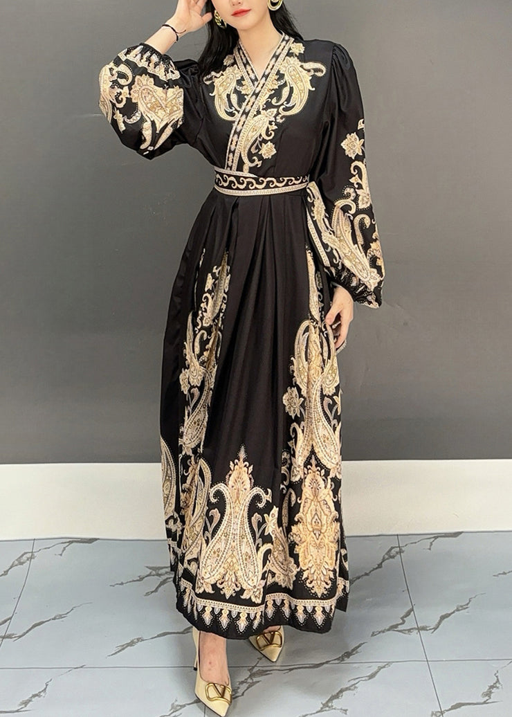 Black Print High Waist Fall Maxi Dresses V Neck