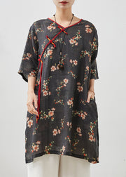 Black Print Linen Dress Tasseled Chinese Button Summer