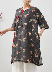 Black Print Linen Dress Tasseled Chinese Button Summer