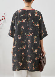 Black Print Linen Dress Tasseled Chinese Button Summer