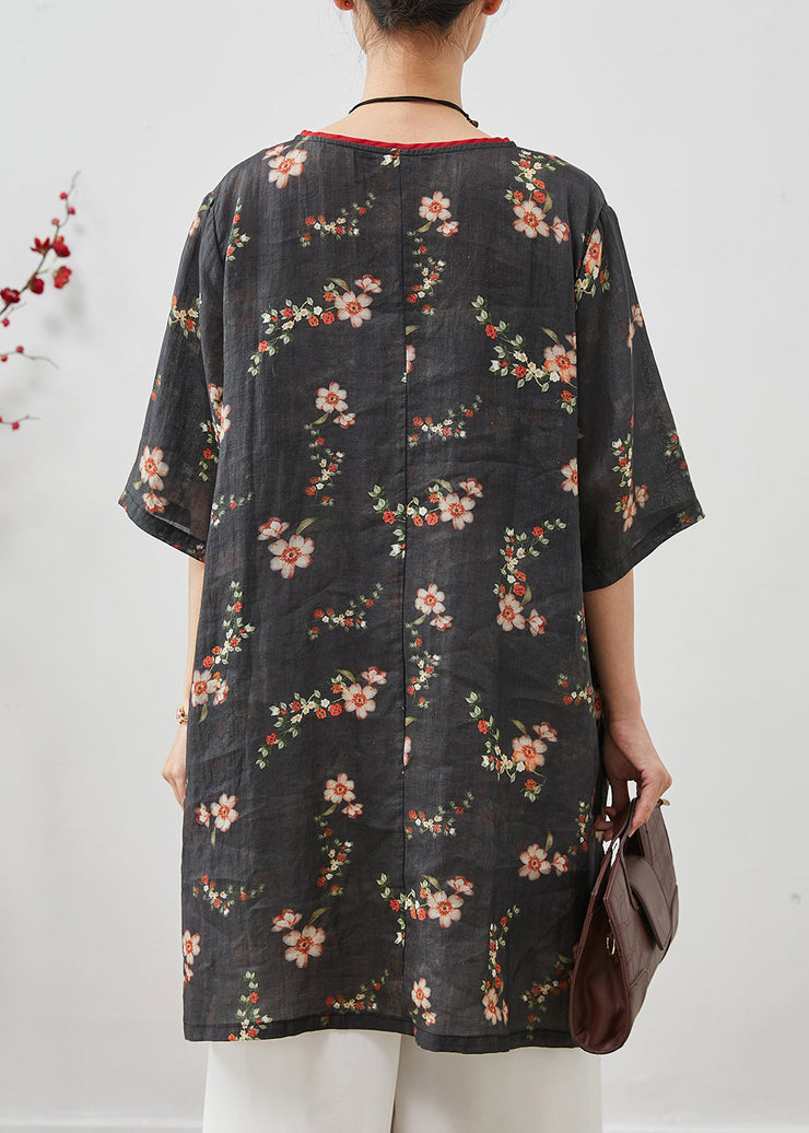 Black Print Linen Dress Tasseled Chinese Button Summer