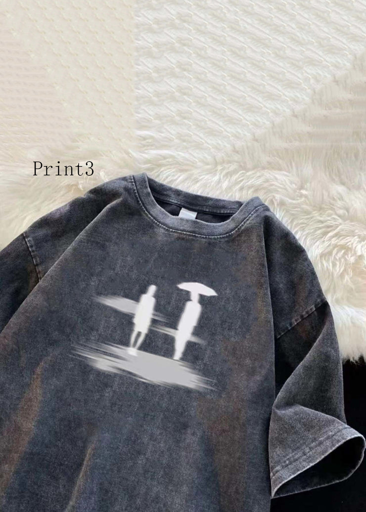 Black Print Loose Denim T Shirts Men O Neck Summer