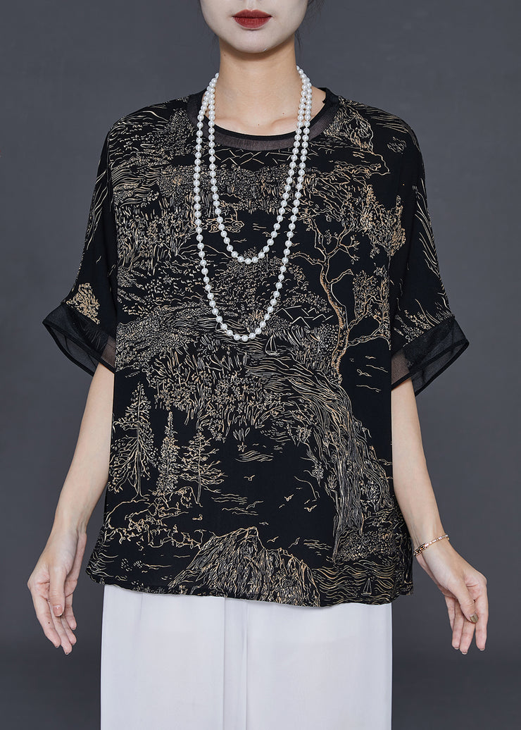 Black Print Patchwork Chiffon Blouses Oversized Summer