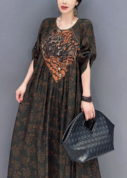 Black Print Patchwork Cotton Dresses O Neck Wrinkled Spring