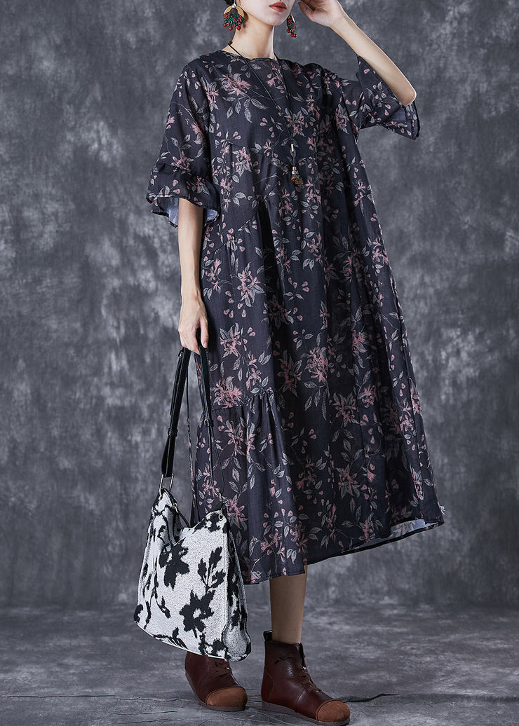 Black Print Patchwork Cotton Dresses Oversized Butterfly Sleeve