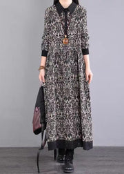 Black Print Patchwork Cotton Long Dress Peter Pan Collar Fall