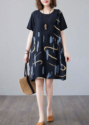 Black Print Patchwork Cotton Mid Dress Ruffled O Neck Summer