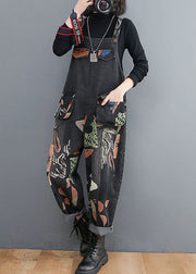 Black Print Patchwork Denim Jumpsuits Pockets Spring