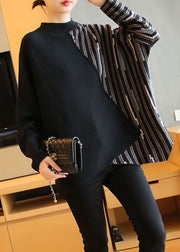 Black Print Patchwork Knit Top Oversized Stand Collar Spring